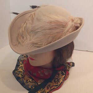 1950s Geo. Bollman Women's Wool Hat Tan w Feathers, Structured Shape